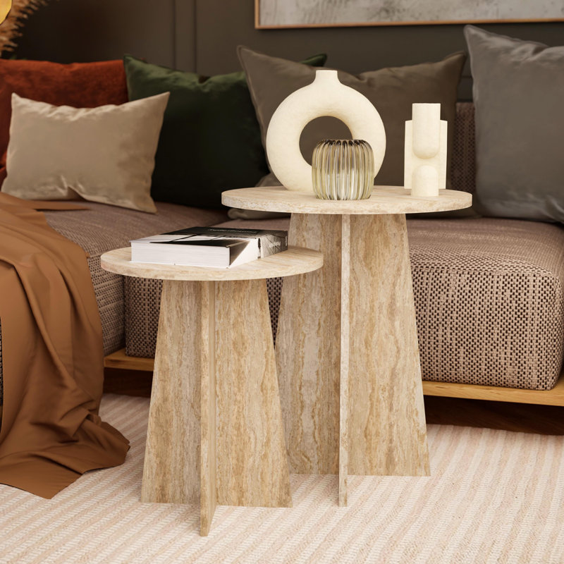 Travertine-Style Round Nesting Side Tables Modern Coffee Tables Set of 2