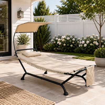 Hamac de patio extérieur Ailsa avec support, coussin, poches de rangement (toile beige et cadre noir)