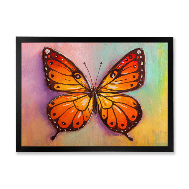 «Orange Butterfly Portrait In Multicolors II», reproduction sur toile flottante, H 30 po x l 40 po x P 1,5 po, Cadre noir