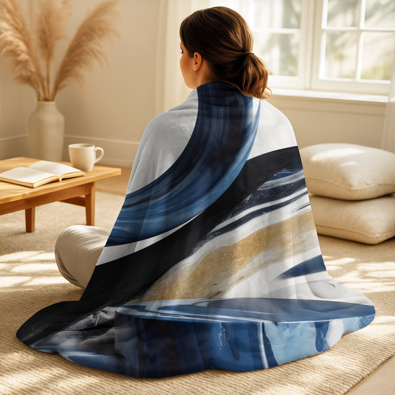 Blue Cream Bold Shapes Marble - Abstract Marble Throw Blanket