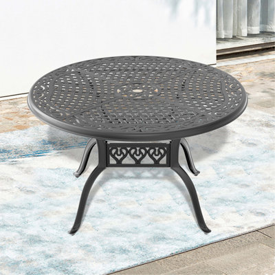 Table de salle à manger de 48 po en fonte d'aluminium avec structure noire et trou pour parasol