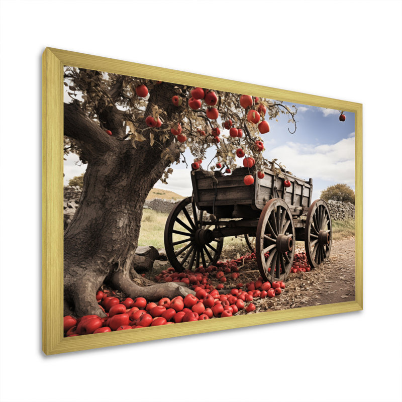 «Red Old Cart», icônes sur toile, Encadrement doré, H 24 po x l 32 po x P 1 po