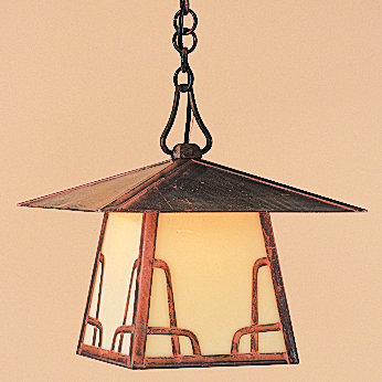 Lanterne suspendue d'extérieur 1 lumière Mannford, Barre en T, Laiton antique, Mica de couleur ambrée