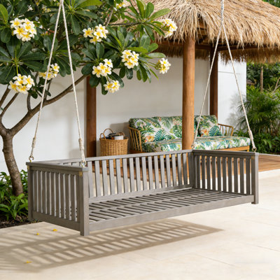 Minimalist Twin Size Patio Swing Bed, Wooden Porch Swing With Durable Ropes & Safe Sloped Design For Backyard & Garden