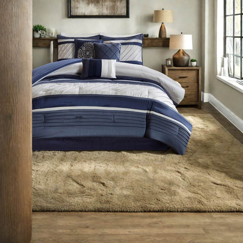 Ensemble de literie luxueux 7 pièces, polyester de soie synthétique, décor bleu marine traditionnel