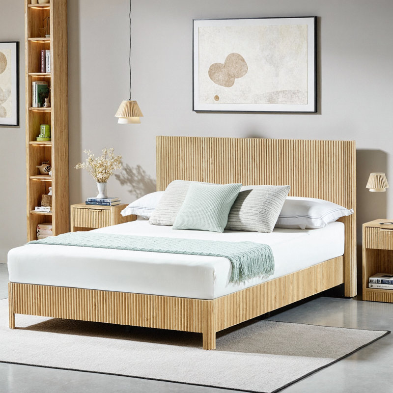 Cadre de lit grand format en bois avec lignes ondulées ondulées - charme campagnard rustique, pas de sommier tapissier, finition chêne massif