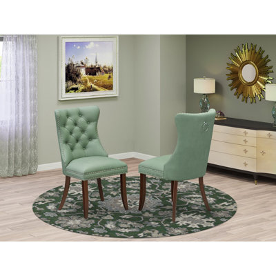 Denison Parson Dining Chairs - Button Tufted Nailhead Willow Green Polyester Fabric Upholstered Chairs, Set of 2, Mahogany