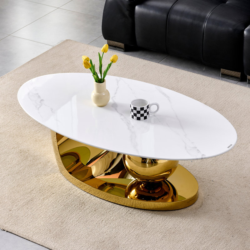 51.20 Inch Oval Faux Marble Coffee Table For Living Room,Modern Design,White Marble Pattern,Gold Stainless Steel Base.