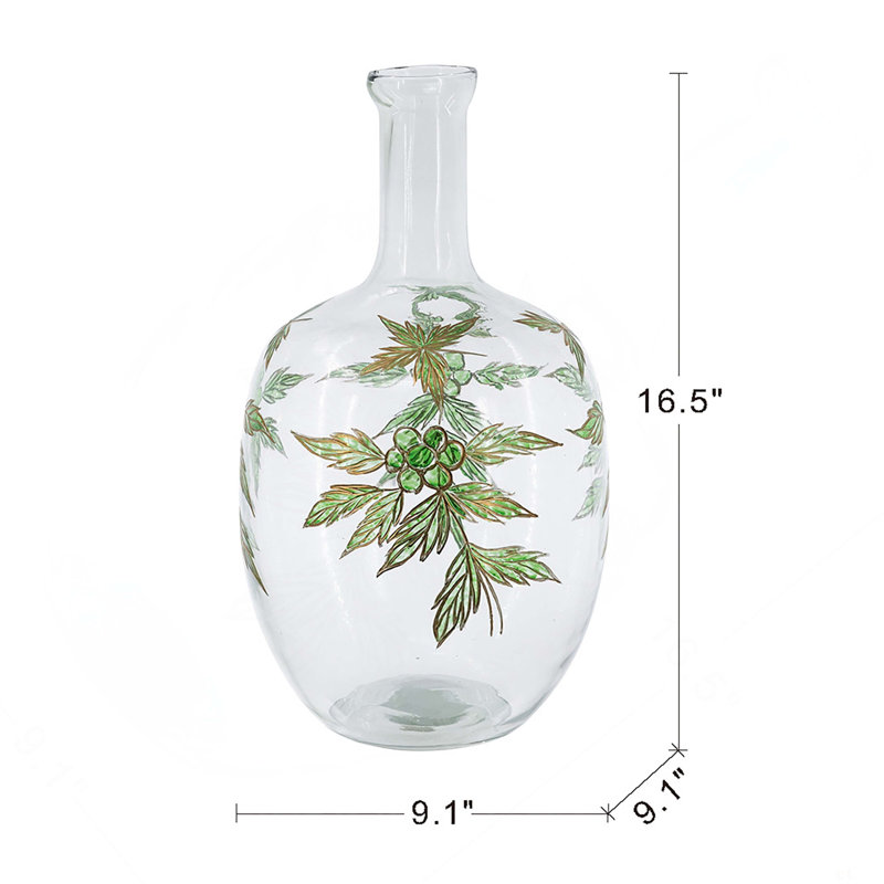 D9.1x16.5 "Vase en verre transparent arrondi avec col étroit et motif botanique vert et or