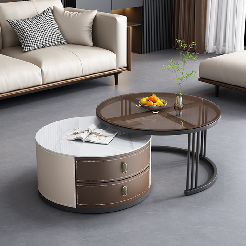 Ensemble de tables basses Modern, H 17,7 po x L 27,6 po x l 27,6 po, Blanc / transparent / brun clair