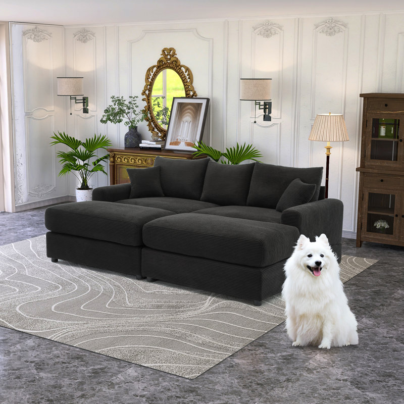 Blossie 82.68"W Corduroy Sofa Lounger, LAF, RAF Sectional with 2 Ottomans, Black