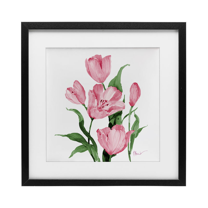 Tulipes de la province en rose, reproduction encadrée sous verre, design par Paul Brent, 13" H x 13" W, Cadre noir minuit