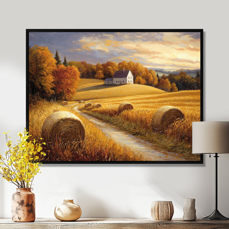 «Countryside Golden Harvest Fields IV - Art mural campagne pour le salon, H 16 po x l 32 po, Cadre photo noir