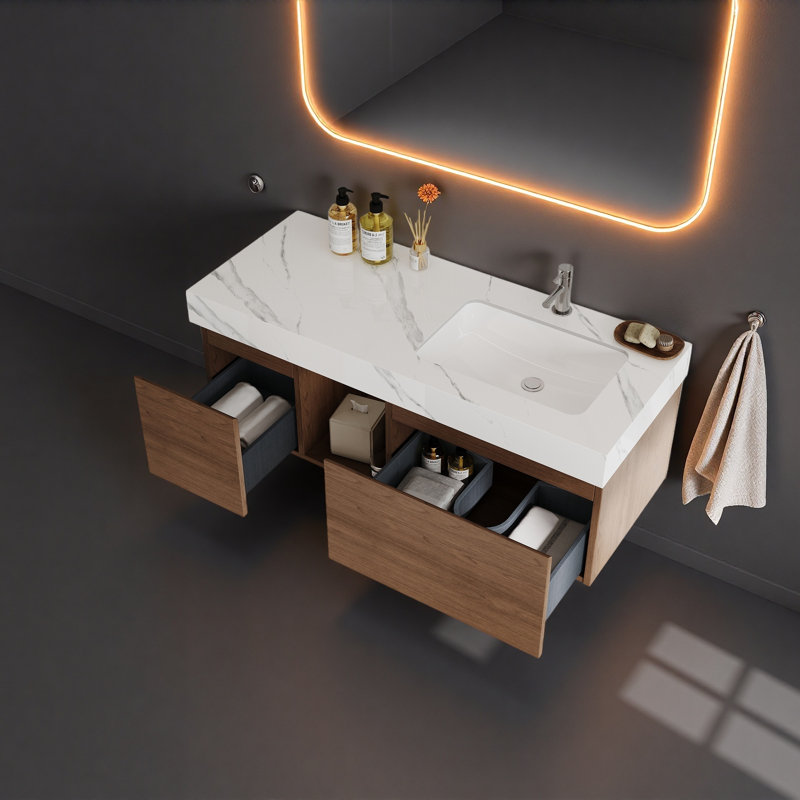 48" Floating Bathroom Vanity With Marble Sintered Stone Top & White Rectangular Ceramic Vessel Sink – Modern Walnut Fluted Cabinet