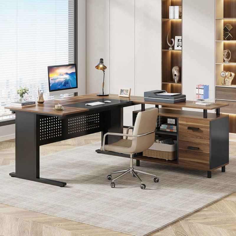 Bureau de direction en L 63 po avec classeur, Brun