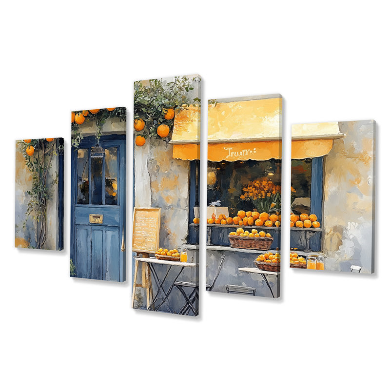 Café français dans des tons jaunes et bleus - ensemble d'art mural café français