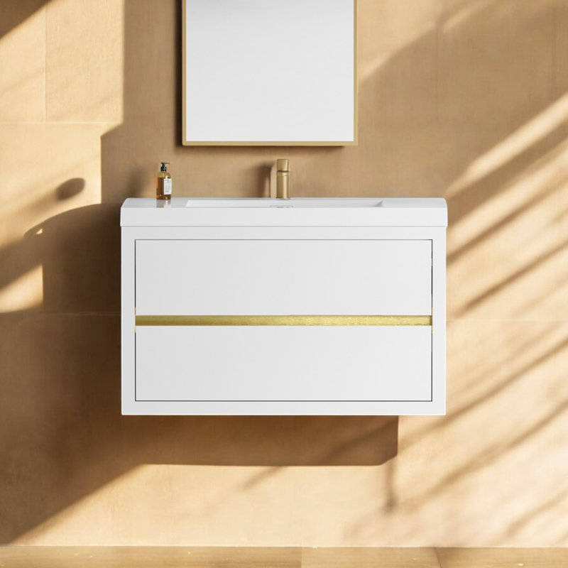 Meuble-lavabo mural simple 36 po avec plateau en résine Kaushal, Blanc lustré