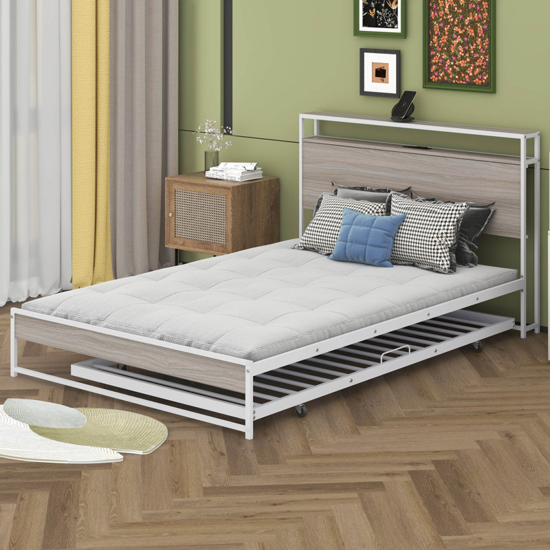 Carraway Metal Platform Bed with Trundle and Power Outlets Headboard, Full, White