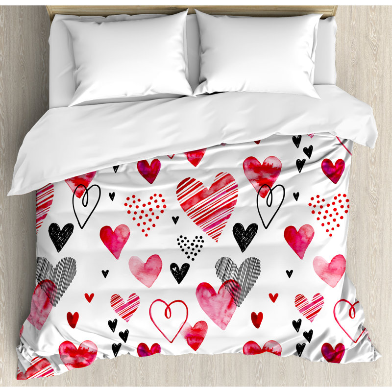 Pink Black White Heart Pattern King Duvet Cover Set
