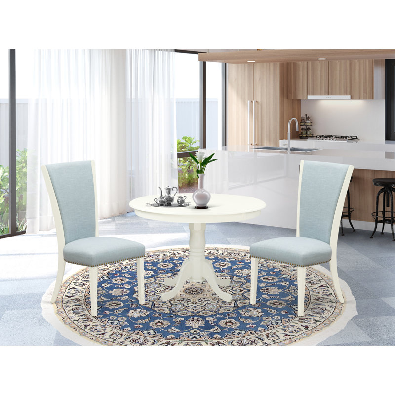 3 Piece Kitchen Table & Chairs Set Contains a Round Dining Room Table with Pedestal and 2 Baby Blue Linen Fabric Parson Chairs, Linen White