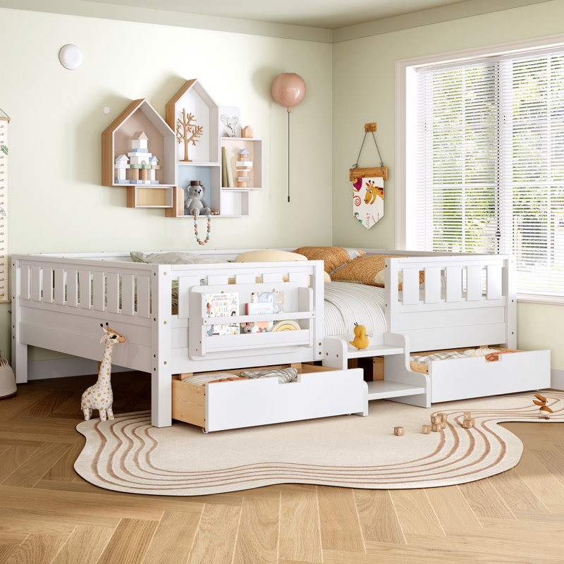 Queen with built-in bookshelves and storage drawers, Safety Staircase design and high-quality safety rails,White, White