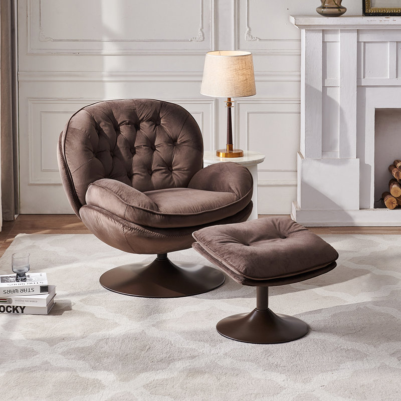 Zenon Velvet Swivel Accent Chair with Ottoman, Brown Velvet