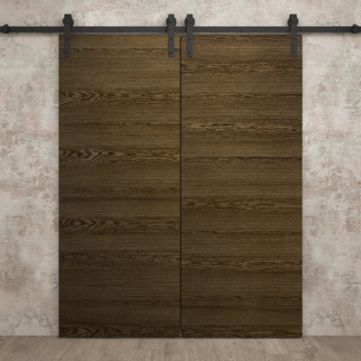Porte de grange double moderne 48 x 80 pouces Ego 5000 Chêne Marbre Ensemble de rails de 13 pi Portes intérieures à panneaux pleins