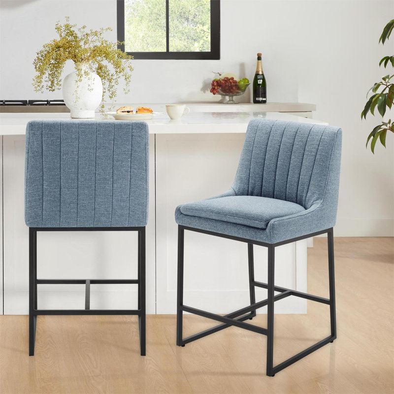 Welburn Upholstered Counter Stools ( Set of 2) , Nathan Capri Blue/Tweed