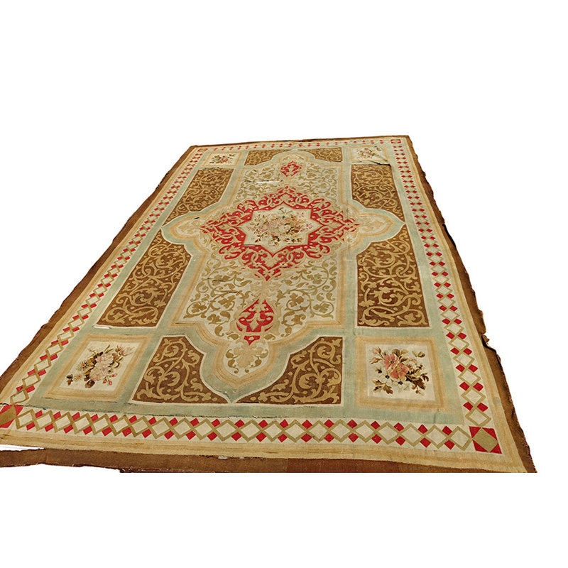 Antique Aubusson French Allover Medallion Flat Weave Rug