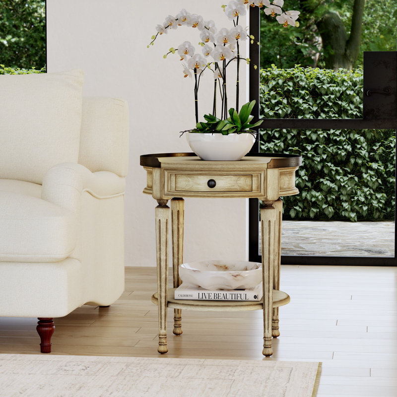 Gracie Mills Sampson 22 po Table d'appoint ronde 1 tiroir en bois avec tablette ouverte inférieure, beige, Beige