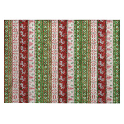 Machine Washable Indoor/Outdoor Christmas Reindeers Xhevrie Green Rug