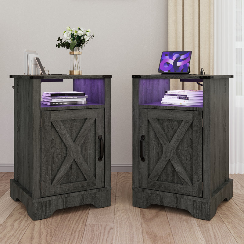 Led Nightstand With Charging Station, Gray, Set of 2