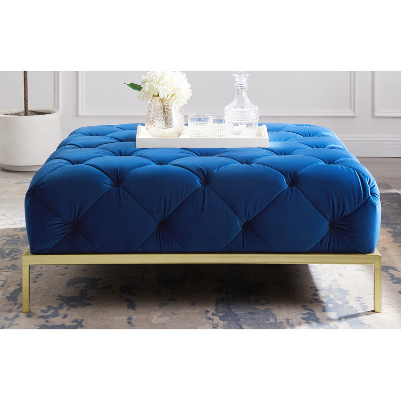Zermeno 41.73" Wide Velvet Tufted Square Cocktail Ottoman with Gold-Finished Metal Legs, Navy Blue Velvet