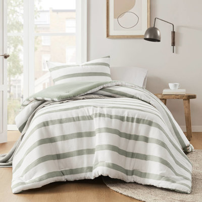 Ensemble de couette et taie d'oreiller 2 pièces pour lit simple/simple XL, à rayures teintes, texture subtile façon seersucker, confort toutes saisons, finition teintée, revers en microfibre brossée, idéal pour les intérieurs contemporains, sauge
