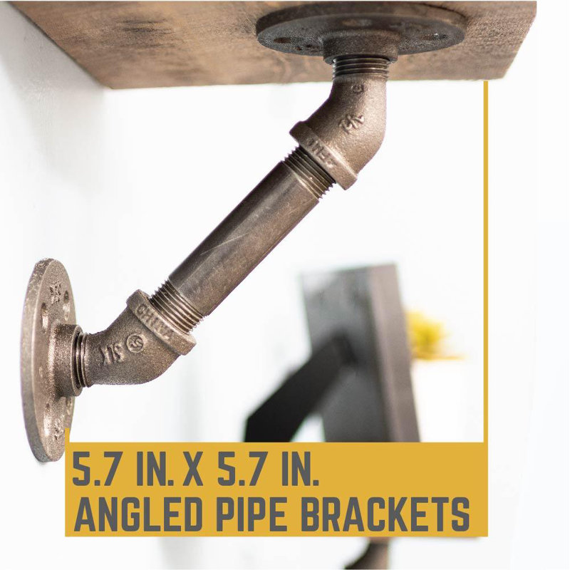 1/2 In. Black Pipe Wall Mounted Double Flange Angled Shelf Bracket Kit, 5.75" H x 5.75" W x 0.5" D