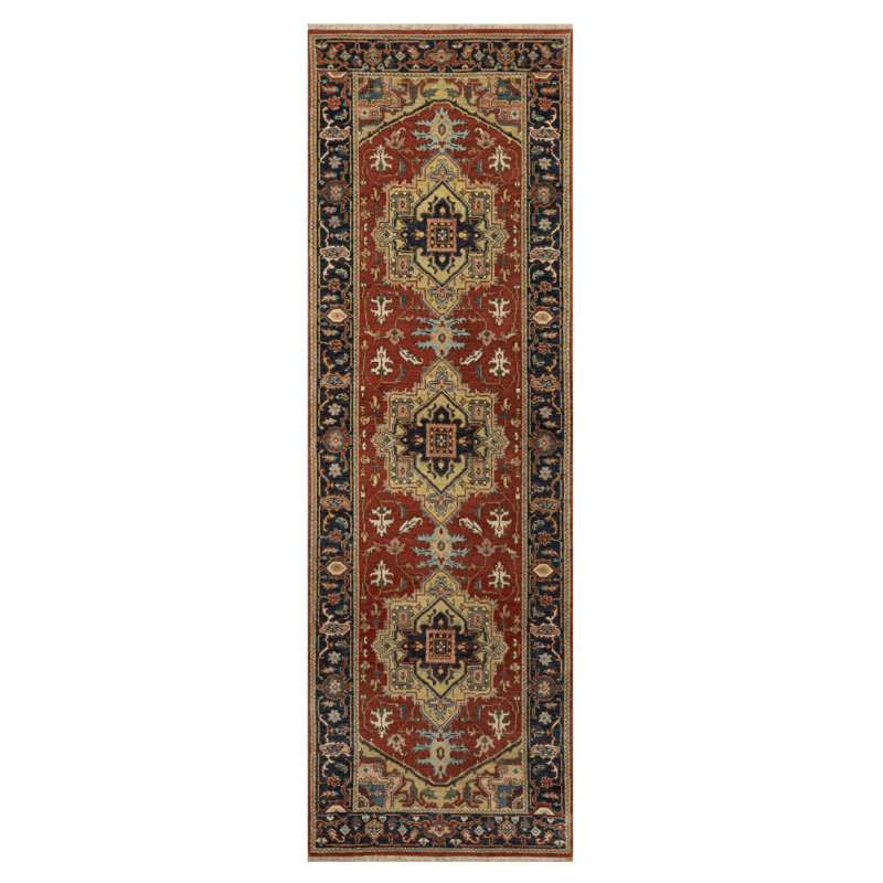 Tapis de couloir 2 pi 6 po x 8 pi rouge noué à la main avec motif Dileo néo-zélandais tissé à la main et tissé plus dense