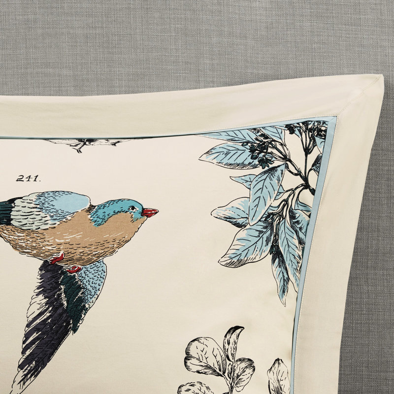 Édredon 7 pièces pour grand lit, sergé de coton, oiseau à feuilles, 2 taies décoratives, 3 coussins décoratifs, 1 grande literie lavable et édredon