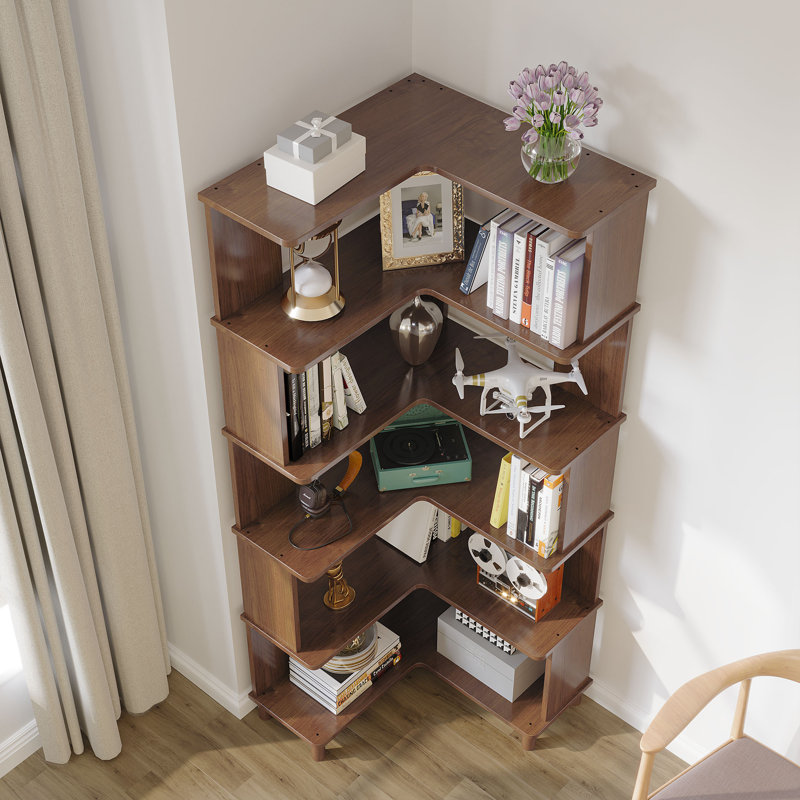 Afeef Corner Bookcase Corner Bookshelf Large Display Rack Storage Organizer, Brown