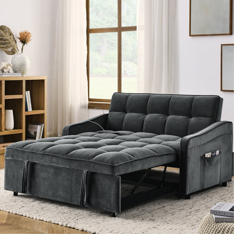 Lit escamotable, en velours gris, avec dossier réglable, Gris
