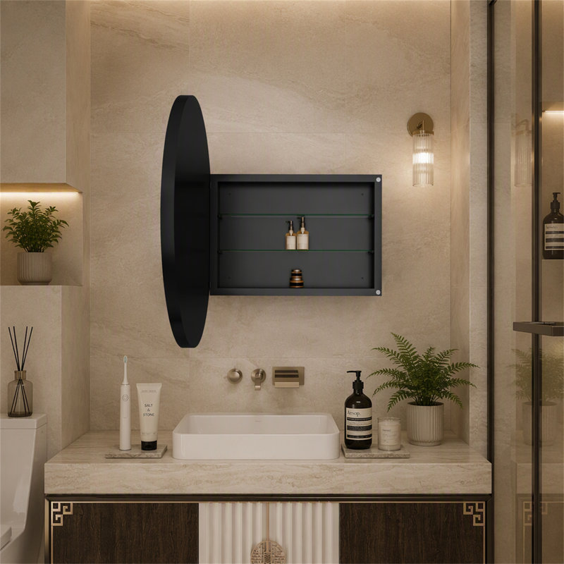 Armoire à pharmacie ronde avec cadre en métal 31,5 pouces avec miroir et tablettes réglables, Black