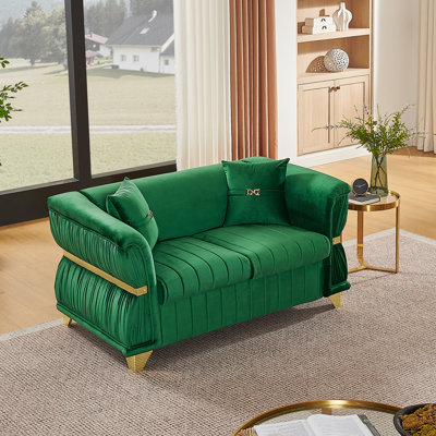 Modern Velvet Sofas, 61.8 Inch Loveseat With Gold Metal Trim For Home