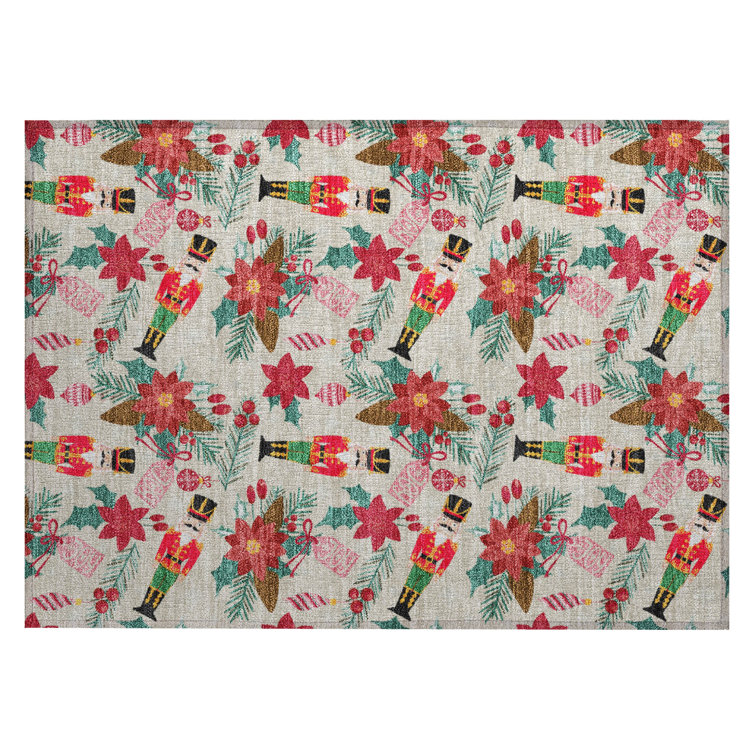 Machine Washable Indoor/Outdoor Christmas Nutcracker Xhevrie Beige Rug
