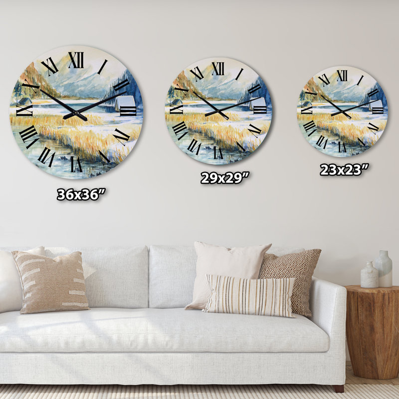 Paysage avec montagne bleue et rivière - horloge murale traditionnelle, Grand