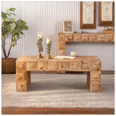 Table basse rustique à relief géométrique - Table rectangulaire en bois massif et panneau de fibres à densité moyenne