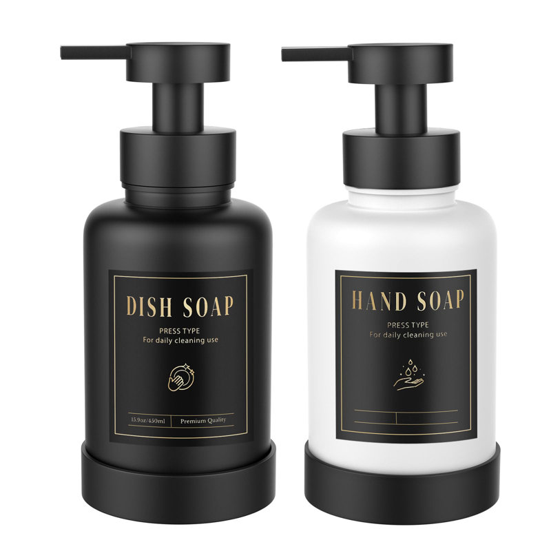 Distributeur de savon moussant, distributeur de savon à pompe en mousse de verre, distributeur de savon à main antidérapant avec 5 étiquettes imperméables, distributeur de savon liquide rechargeable de 15 oz pour salle de bain et cuisine, paquet de 2