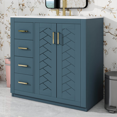 Meuble-lavabo 36 po avec lavabo en céramique, armoire de rangement moderne à 3 tiroirs et 2 portes, meuble-lavabo autoportant, fermeture en douceur, structure en bois massif