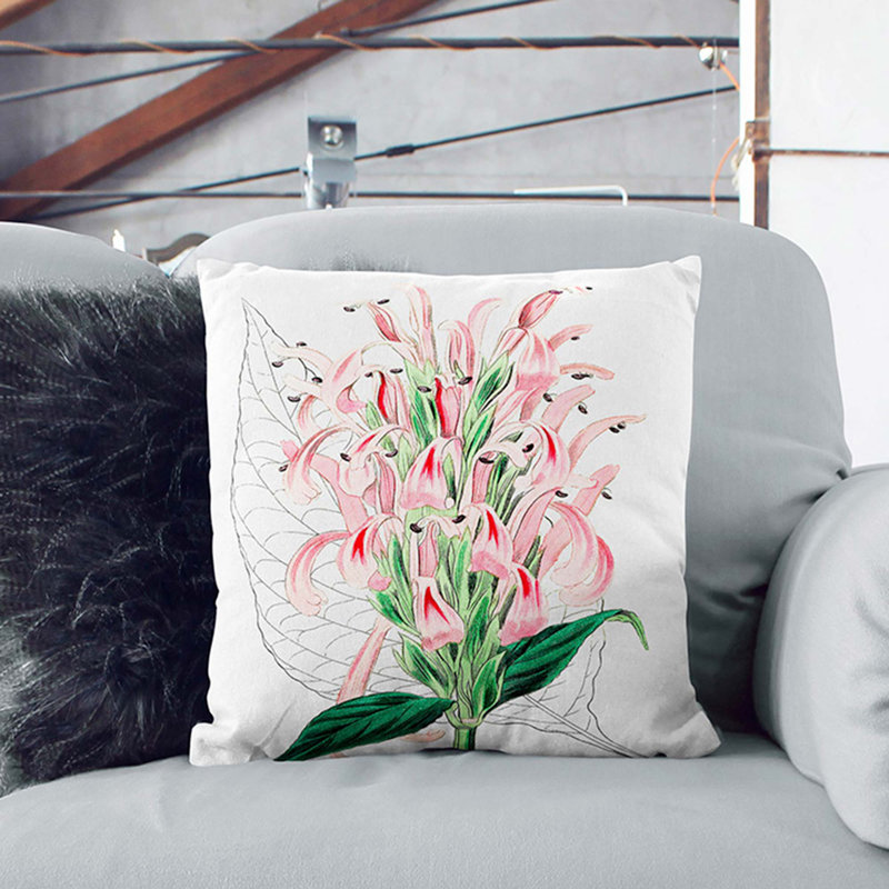 Pink Justicia Flowers Cushion with Filling, White, 40cm H x 40cm W x 15cm D