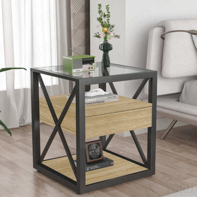 Table de bout moderne 1 pièce avec tiroir - Table de chevet pour chambre à coucher et salon, panneau de fibres à densité moyenne en bois naturel et plateau en verre trempé, table d'appoint de style industriel