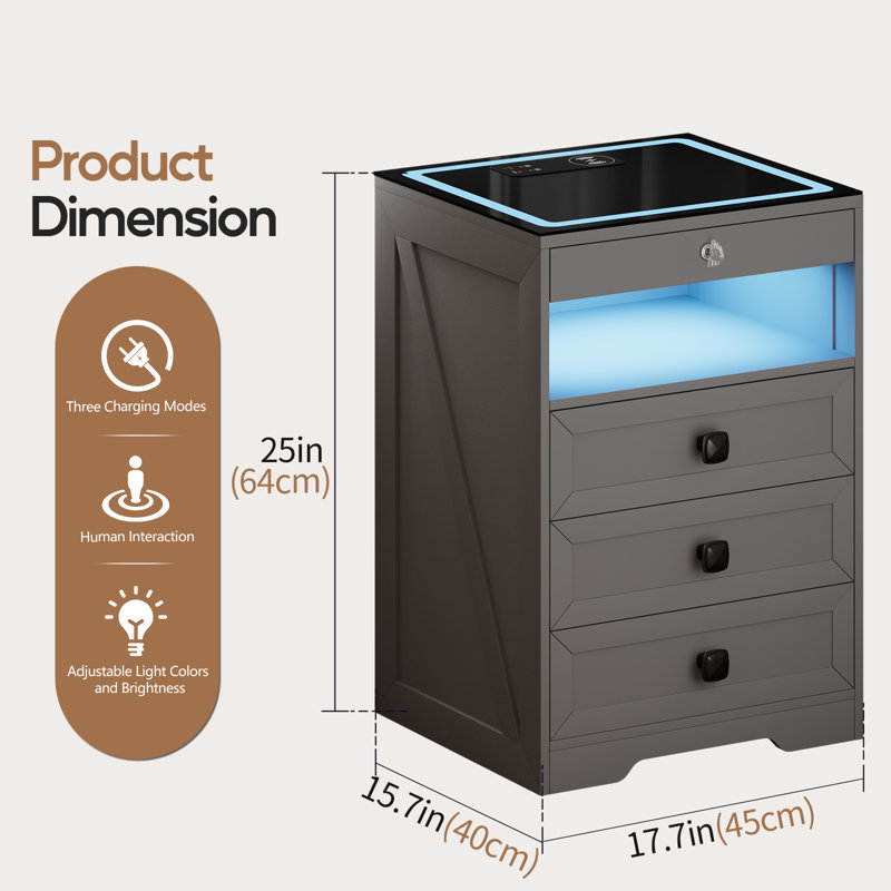 LED Nightstand with 3 Drawers, Glass Top, Wireless Charging & Sensor Light, Grey