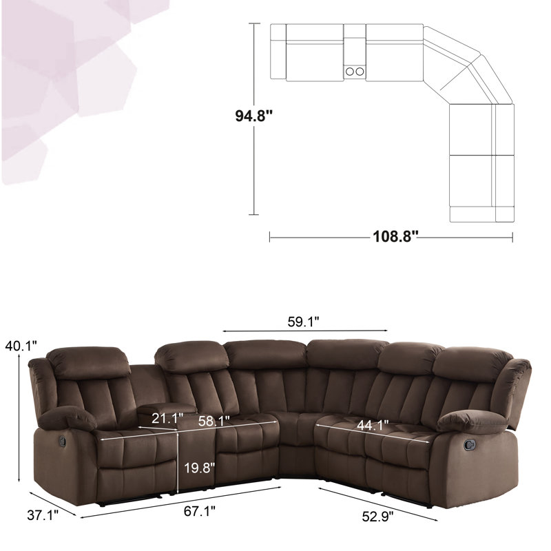 108.8''W 7-Piece Modern Microfiber Upholstered Soft Manual Reclining Sectional With Cupholders & Storage, Brown Microsuede